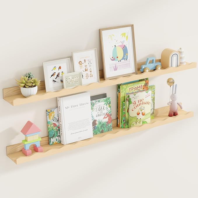 Fun Memories Picture Ledge Shelf for Wall, 48 inch Pine Wood Nursery Book Shelves Set of 2- Wall Book Shelves for Kids Room, Home Decor - Kitchen Spice-Natural-Ruum Studio Home