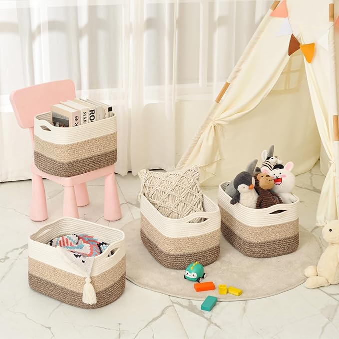 Storage Baskets for Organizing & Shelves, Woven Cotton Rope Organization Bins for Dog Toys, Clothes, Books, Nursery Organizer, 15"Lx11"Wx9.5"H, (4 Packs) Gradient Brown-Ruum Studio Home