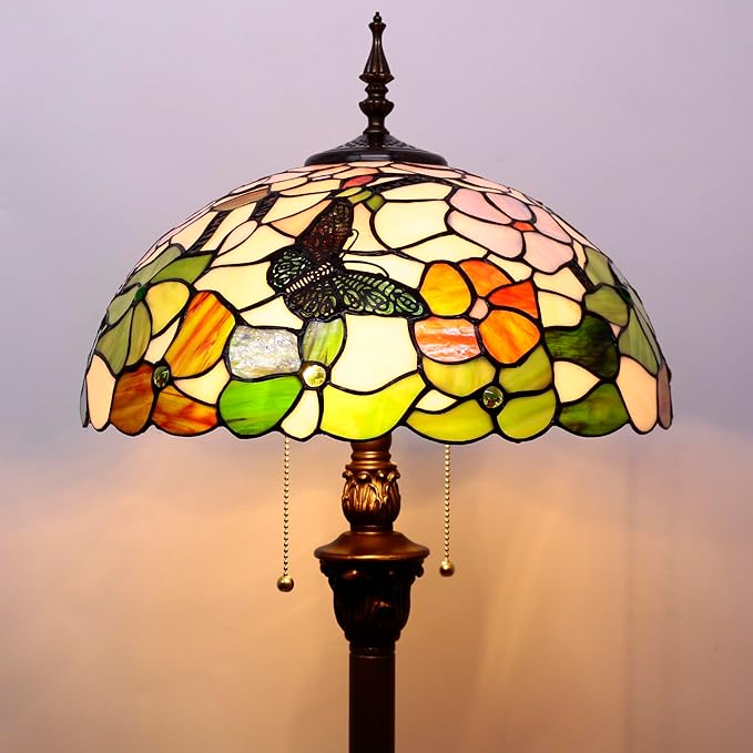 Tiffany Floor Lamp Stained Glass Lamp Standing Reading Light 16x16x70 Inch for Living Room (Butterfly Flowers)-Ruum Studio Home