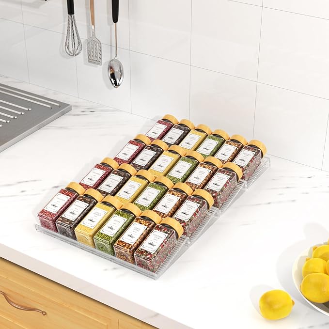 24 Spice Jars with Spice Drawer Organizer, 355 Spice Labels, 4 Pack Expandable From 11'' to 21'' Acrylic Spice Rack for Drawer, Seasoning Containers Storage Organization for Kitchen Cabinet Countertop-Ruum Studio Home