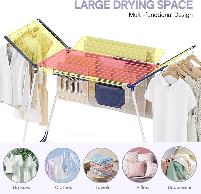 APEXCHASER Clothes Drying Rack Foldable, Drying Rack Clothing Large Space, Winged Laundry Rack with Sock Clips for Hanging Towels Clothes Dress Bedding Indoor Outdoor, White-Ruum Studio Home