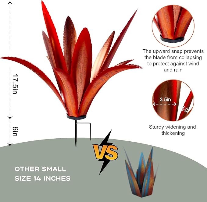 TOMBABY Enlarge Thickened Wind Resistant Metal Agave Garden Art Metal Plant Country Garden Sculpture Statue Outdoor Decoration Agave Metal Plant Courtyard Garden Lawn Ornament Gift (2, 12 Leaves red)-Ruum Studio Home