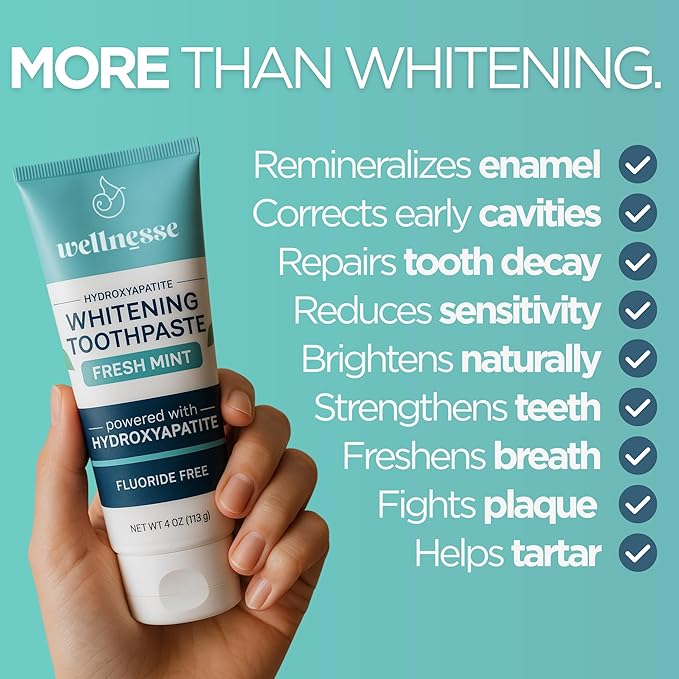 Wellnesse Whitening Hydroxyapatite Toothpaste with Xylitol, Natural Fluoride-Free Teeth Whitening Toothpaste for Adults, Strengthens Enamel, Supports Gum Health, Fresh Mint Flavor, 4 oz (Pack of 3)-Ruum Studio Home