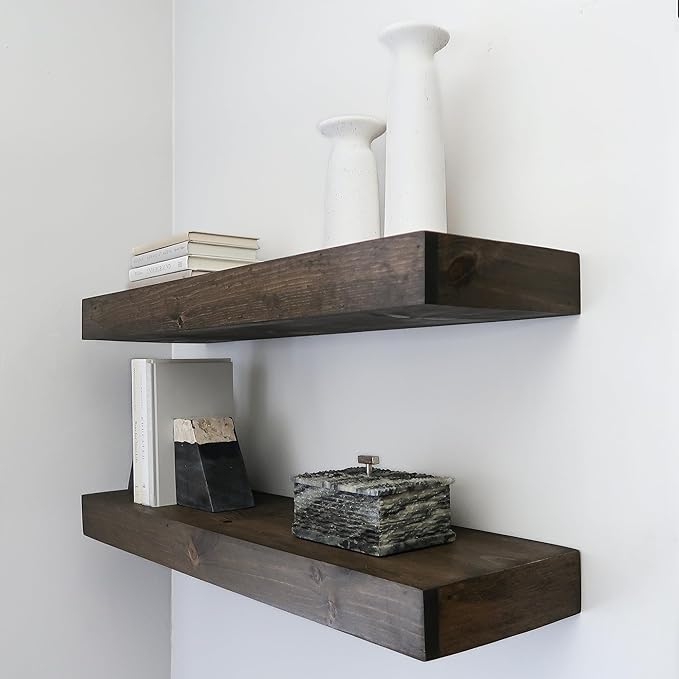 Modern Floating Shelves 3 Inches Thick for Wall, Wide Shelves for Kitchen, Living Room, Bedroom, and Bathroom, Natural Pine Wood, Rustic Wooden Shelf, (Set of 2) (Jacobean, 24Lx3Hx8D)-Ruum Studio Home