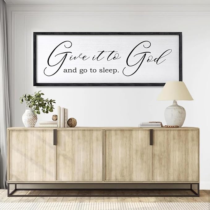 Give It To God And Go To Sleep Sign Wall Decor 40x15 Inch Large Farmhouse Master Bedroom Above Bed Hanging Wall Art Rustic Guest Room Wood Framed Over Bed Wall Decoration (Black)-Ruum Studio Home