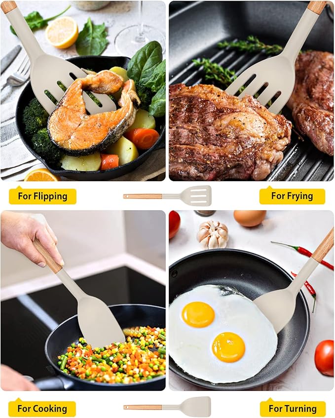 Pack of 2 Silicone Cooking Spatula, Heat Resistant Solid Turner, Non Stick Slotted Spatulas with Wooden Short Handle,Ideal Wood Kitchen Utensils Set for Frying, Baking, Flipping, Turning-Ruum Studio Home