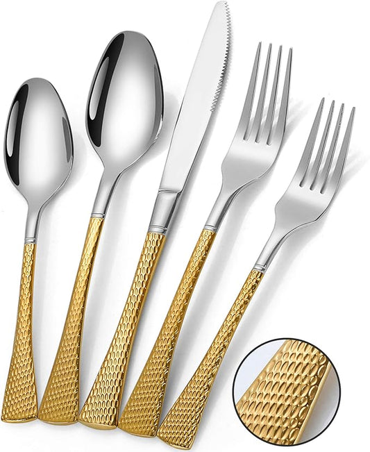 Hammered Silver Gold Silverware Set,20 Piece Modern Flatware Set Service for 4,Mirror Polished Stainless Steel Cutlery Set Utensil Set Tableware,Kitchen Knives Forks Spoons Set,Dishwasher Safe-Ruum Studio Home