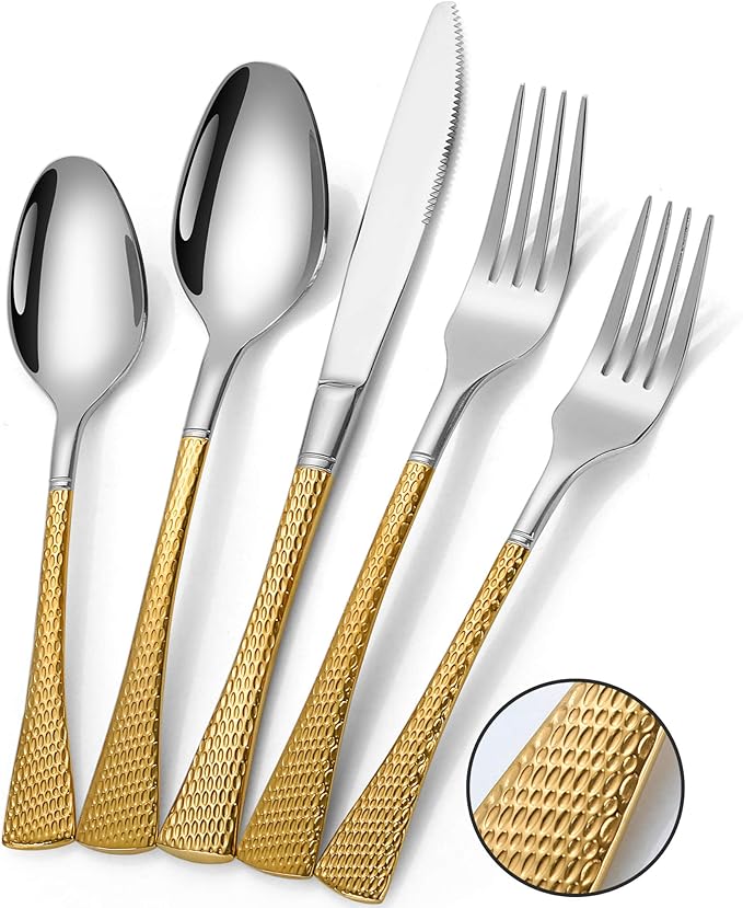 Hammered Silver Gold Silverware Set for 8,Stainless Steel 40-Piece Modern Cutlery Set,Mirror Polished Heavy Duty Flatware Set Utensil Set,Knives Spoons and Forks Set,Dishwasher Safe-Ruum Studio Home