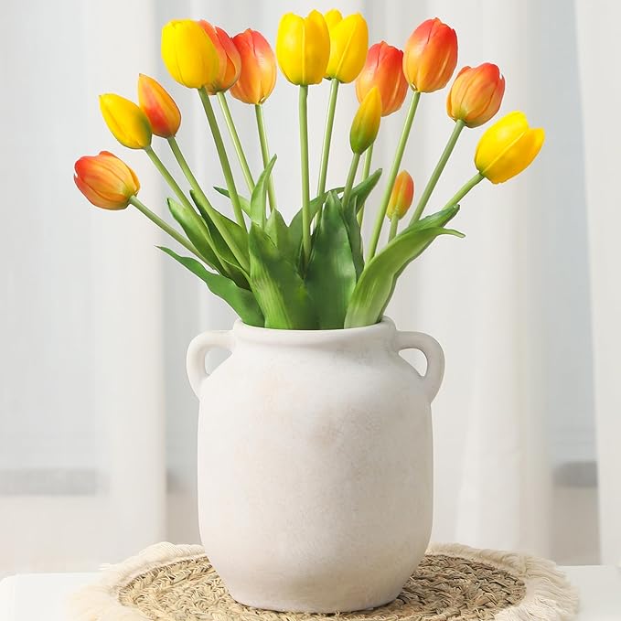 Ceramic Flower Vase Home Decor - 7.6 Inch Farmhouse Rustic White Table Vases with Handle Living Room Decoration Decorative Vintage Pottery for Kitchen Shelf Coffee Dining Desk Bookshelf Fireplace-Ruum Studio Home