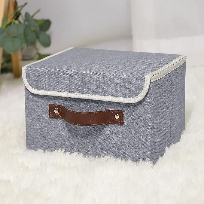 ANMINY 4PCS Storage Bins with Lid PU Leather Handles Storage Boxes PP Plastic Board Decorative Foldable Lidded Cotton Linen Fabric Home Cubes Baskets Closet Organizer Containers - Gray, Small Size-Ruum Studio Home