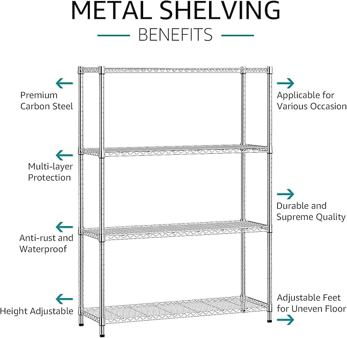 IZEUK 1400 LBS Garage Chrome Shelving Wide Storage Shelves 4 Tier Adjustable Heavy Duty Metal Wire Rack Standing Shelf Unit for Kitchen Office College Dorm Garage Warehouse 15.8" x 45.8"x 59.4"-Ruum Studio Home