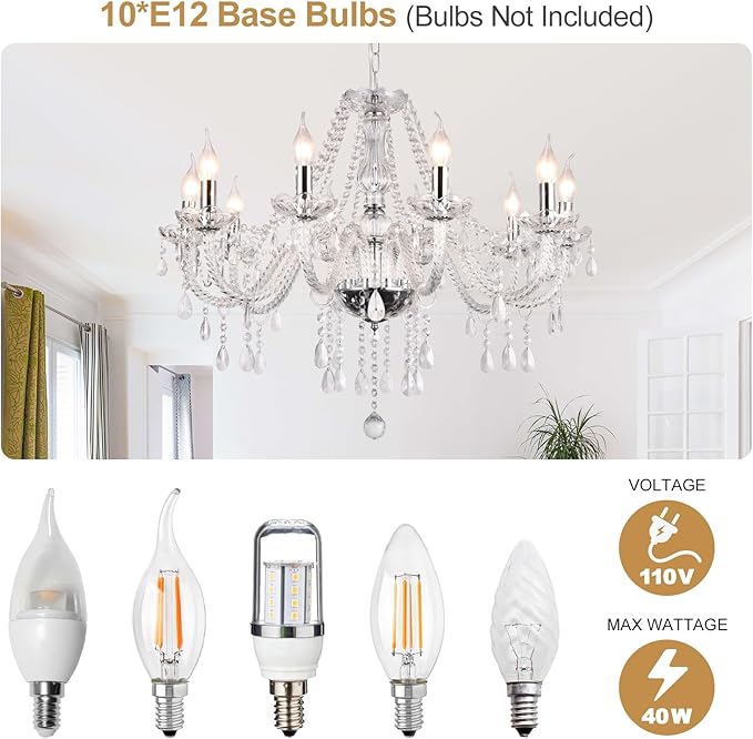 Modern Elegant 10 Lights K9 Crystal Glass Chandelier Silver Pendant Ceiling Lighting European Style for Dining Living Room Bedroom Transparent, 10 E12 Bulbs Required-Ruum Studio Home