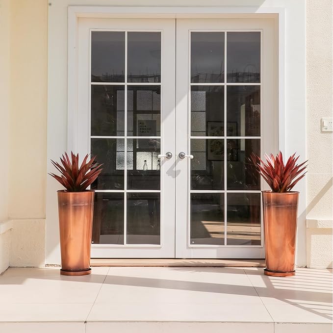 28in Tall Antique Copper Metal Vintage Planter Set of 2,Galvanized Steel Planter Pots for porches/Indoor/Outdoor/terraces Patio- Copper Color(2planters,2inner pots with Holes, 2trays)-Ruum Studio Home