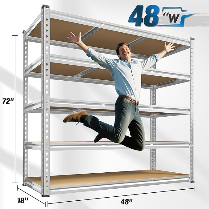 REIBII Garage Shelving, 5 Tier Storage Shelves Load 3000LBS, Adjustable Garage Shelving Heavy Duty, Metal Shelves Unit for Basement, Warehouse, 48" W x 72" H x 18" D, Galvanized-Ruum Studio Home