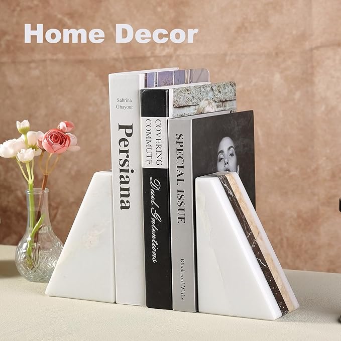 Marble Book Ends, Non-Skid Bookends for Shelves, Composite Bookend with Natural Marble, Heavy Duty Book Stopper, Collected CDs and Oversized Books Organizer, Gold & Black Decorative Bookends-Ruum Studio Home