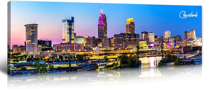 Cleveland Skyline Wall Art Colorful Canvas Prints Night View Ohio USA Cityscape Panoramic City Building Painting for Bedroom Office Decor Framed and Ready to Hang 13.8"x45.3"-Ruum Studio Home