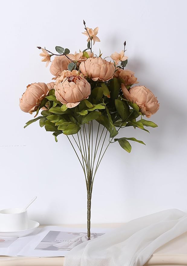 Duovlo Artificial Peony Silk Flowers Fake Flowers Vintage Wedding Home Decoration,Pack of 1 (Dark Champagne)-Ruum Studio Home