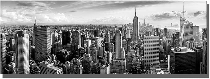LevvArts New York Canvas Wall Art Black and White City Skyline Picture Panoramic Photo Canvas Print Modern Home Office Living Room Wall Decoration Ready to Hang 20"x55"-Ruum Studio Home