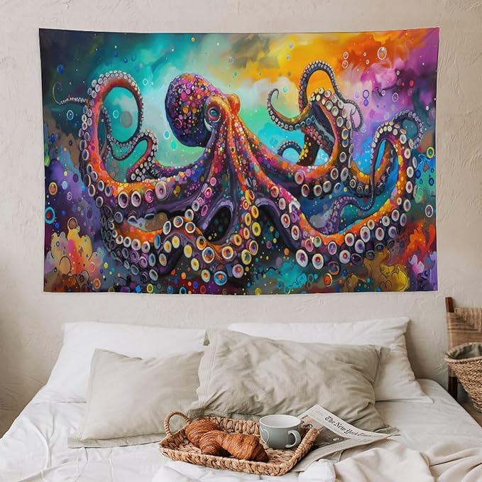 Octopus Tapestry Octopus Tapestries Ocean Navy Coastal Fabric Wall Hanging Aesthetic Space Indoor Outdoor Wall Art Tablecloth Bedspread for Bedroom Dormitory Living Room Home Decor 40"x60"-Ruum Studio Home