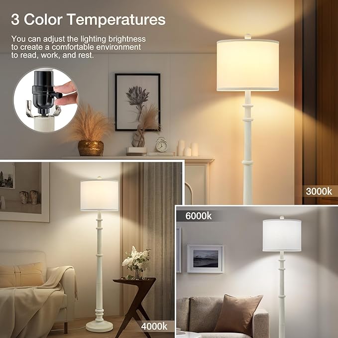 Floor Lamps for Living Room - 60" Resin Farmhouse Floor Lamp with 3 Color Temperatures - Vintage Standing Lamp Reading Light with Linen Shade Retro Tall Lamp for Bedroom Office, Almond White-Ruum Studio Home