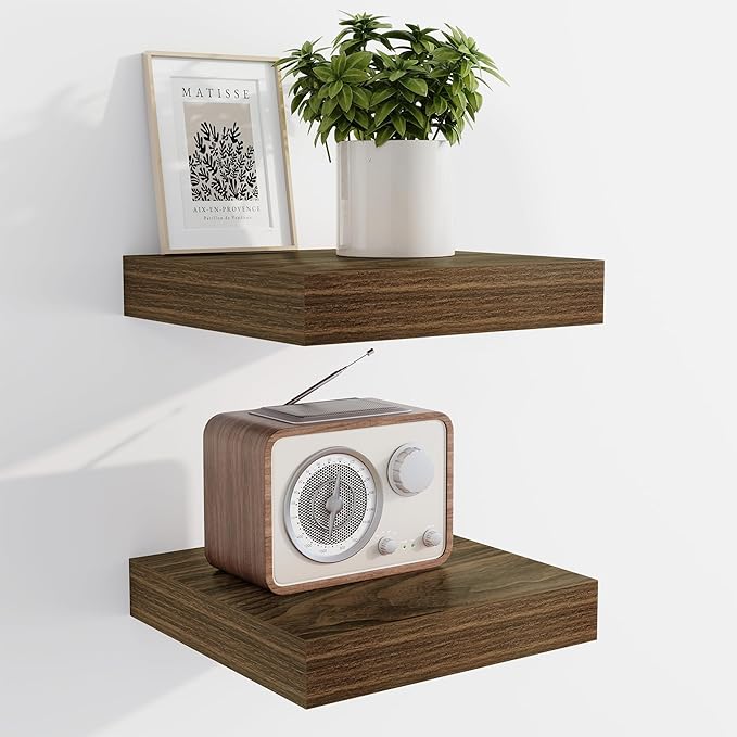 Marsmiles 6.7" Floating Shelves for Wall, Wooden Shelves with Invisible Brackets Set of 2, Rustic Farmhouse Wall Mounted Shelf for Kitchen Bathroom Living Room Study, Walnut-Ruum Studio Home