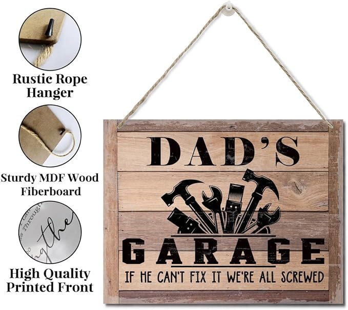 Rustic Sign, Father's Day Gift, Dad's Gift, Grandpa's Gift, Decor Hanging Wood Signs, Printed Wood Wall Art Sign, Dad's Garage, If He Can't Fix It We're All Screwed, Vintage Sign Gift for Grandpa-Ruum Studio Home