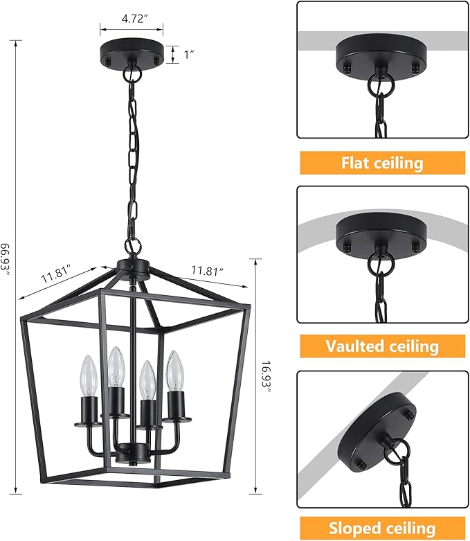 AMZASA UL Listed Black Industrial 4 Light Lantern Chandelier Ceiling Light Fixtures Farmhouse Metal Cage Rustic Geometric Pendant Light for Kitchen Island Entryway Dining Room Stairs and Hallway-Ruum Studio Home