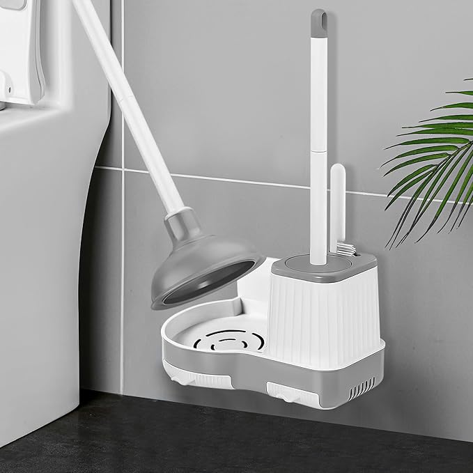 Toilet Brush and Plunger, 3 in 1 Toilet Bowl Brush and Holder with Crevice Cleaning Brush Wall Mounted Household Bathroom Cleaning Tools Combo Set(White-Gray)-Ruum Studio Home