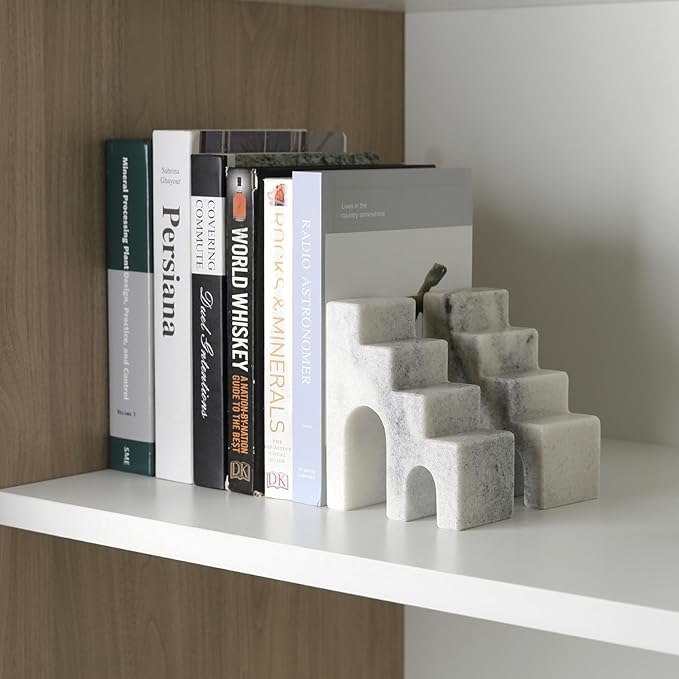 Natural Marble Book Ends for Shelves, Decorative Bookends for Heavy Books, CastleGuard Bookend Book Holder Stopper for Home Office Desk Bookshelf Decoration, Set of 2 (Mist Grey)-Ruum Studio Home