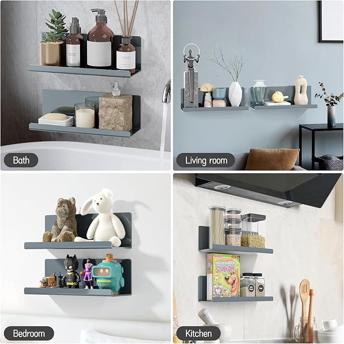 Adhesive Floating Shelves for Wall No Drilling, 12 Inch Acrylic Self Adhesive Shelves, Stick on Shelves, Dorm Wall Shelf, for Bathroom, Kitchen, Bedroom, Office, Gaming Room, Gray-Ruum Studio Home