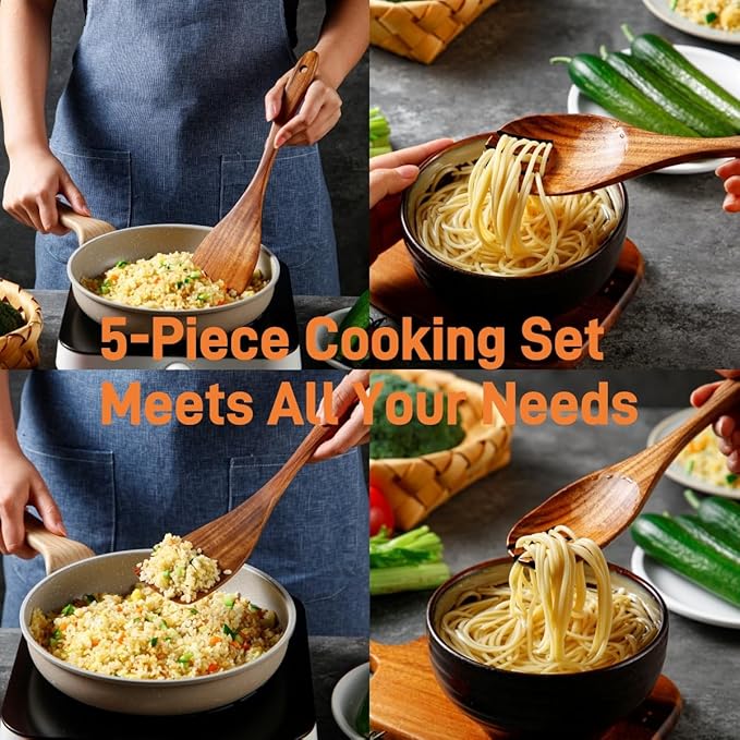 6 PCS Wooden Spoons for Cooking - Teak Wooden Cooking Utensils Set with Holder - Non-Stick, Soft Grip, Ergonomic Design - Natural Finish-Ruum Studio Home