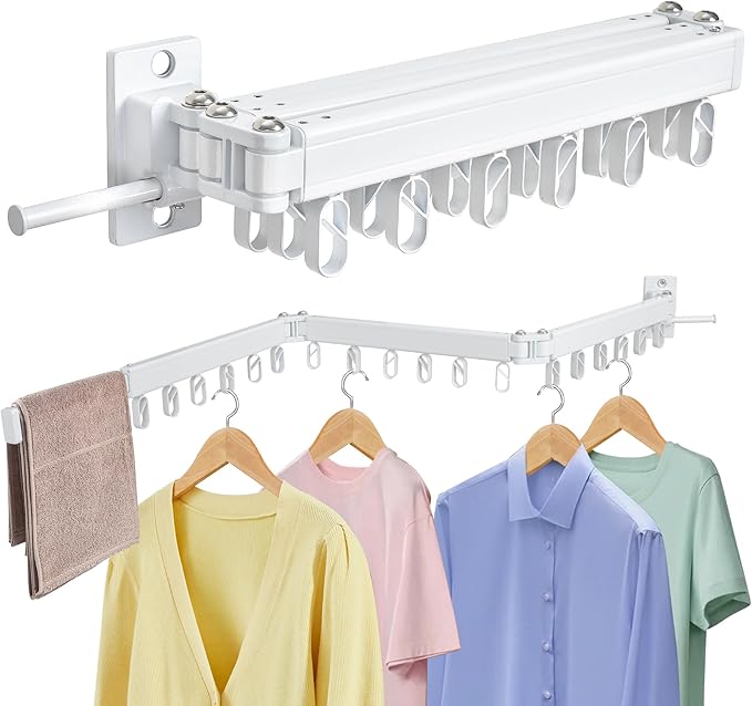 Clothes Drying Rack Wall Mounted Foldable, Retractable & Collapsible(Tri-Fold) Space-Saving Laundry Drying Rack for Indoor & Outdoor Use - Laundry Rooms, Bathroom & Balconies (White)-Ruum Studio Home