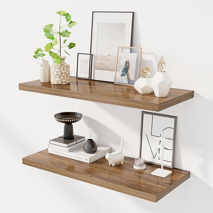 32" Floating Shelves for Wall, 12" Deep Slim Walnut Floating Shelves, Wall-Mounted Shelves for Bedroom, Living Room, Kitchen, Bathroom - Set of 2-Ruum Studio Home