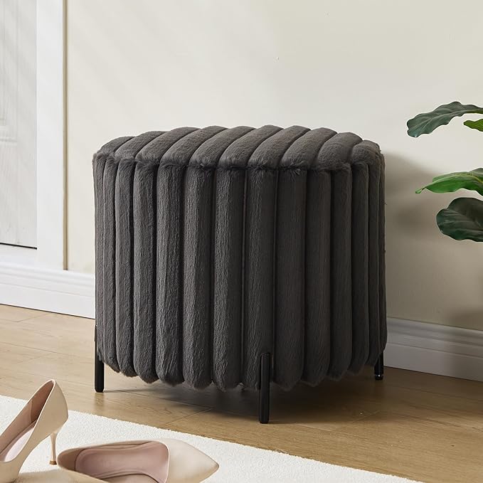 Furniliving Modern Round Ottoman, Large Size Bedroom Ottoman Footstool Round Ottomans Stool for Living Room, Bedroom, Makeup Room, Black, Faux Fur-Ruum Studio Home