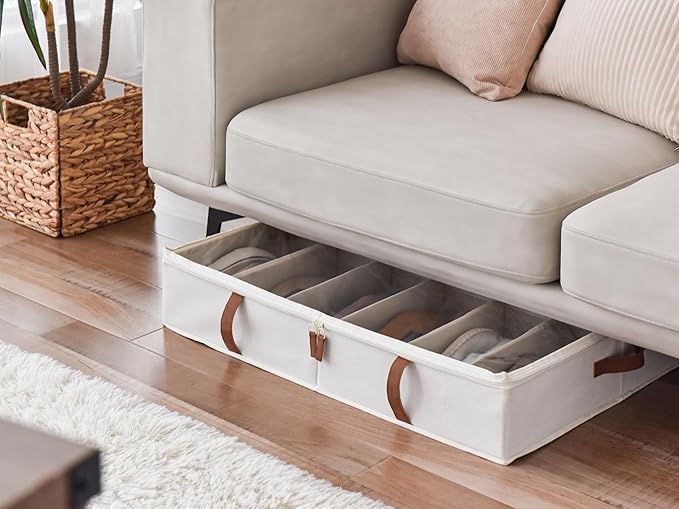 StorageWorks Shoe Organizer Under Bed for Closet, 2-Pack Ultra-thick Fabric Shoe Storage Containers with Bottom Support and Adjustable Dividers, Fits up to 24 Pairs, Beige-Ruum Studio Home