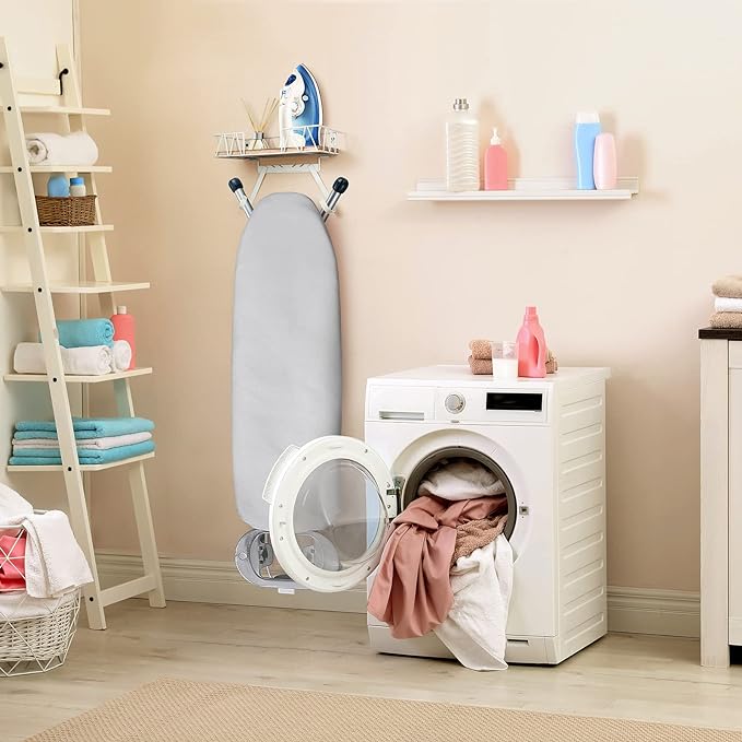 TJ.MOREE Ironing Board Hanger Wall Mount - Laundry Room Decor Iron and Ironing Board Holder with Large Storage Wooden Base Basket and Removable Hooks(T&V Shaped) Cream-Ruum Studio Home