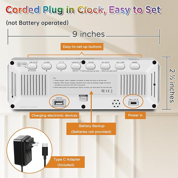 Peakeep Large Display Digital Alarm Clock for Bedrooms, Date Day of Week Temp Desk Table Clocks for Living Room Office, Dimmable Plug in Electric Clock, 5 Volumes, Loud, Auto DST-Ruum Studio Home