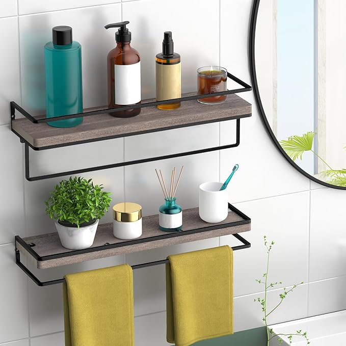 Meangood Floating Shelves Wall Mounted, Wall Shelf with Towel Bar Rustic Wood Wall Storage Shelves for Bedroom,Living Room,Bathroom, Kitchen (Set of 2/Brown)-Ruum Studio Home