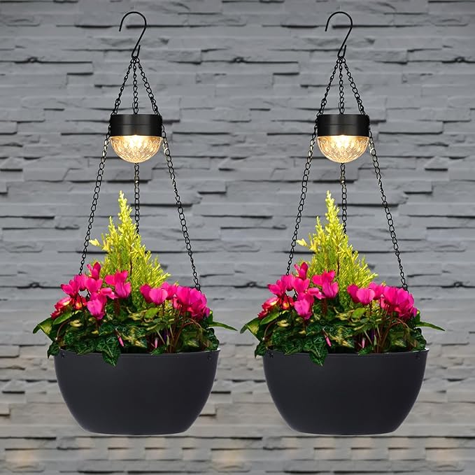 2 Packs Solar Hanging Basket Planters for Plants Outdoor, Self Watering Black Flower Plants Pots with Solar Light Drainer for Balcony Patio Garden Outdoor Decoration-Ruum Studio Home
