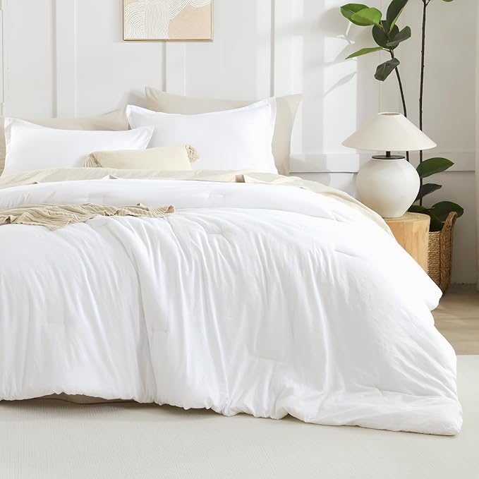 Litanika White Comforter Set Queen Size, 3 Pieces Lightweight Solid Bedding Comforter Set, All Season Fluffy Bed Set (90x90In Comforter & 2 Pillowcases)-Ruum Studio Home