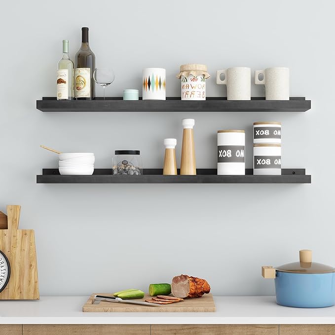 Picture Ledge Shelf for Wall, 36 inch Solid Pine Wood Nursery Book Shelves 2 Packs, Floating Ledge Shelves for Kids' Room Bedroom Bathroom Living Room Photo Frames Office Nursey Wall Decor, Black-Ruum Studio Home