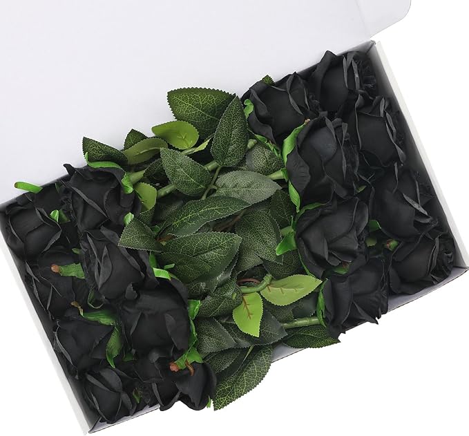 Black Fake Roses Artificial Flowers - 16 Pcs Fake Artificial Roses Silk Flowers with Stems for Home Wedding Hotel Office Centerpiece Decor-Ruum Studio Home