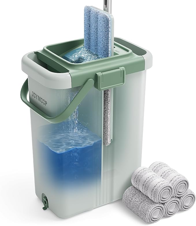 JOYMOOP Mop and Bucket Set - Mops for Floor Cleaning & Wall Cleaner with Long Handle, Include 5 Microfiber Mop Pads - Green Bucket (X-Large)-Ruum Studio Home