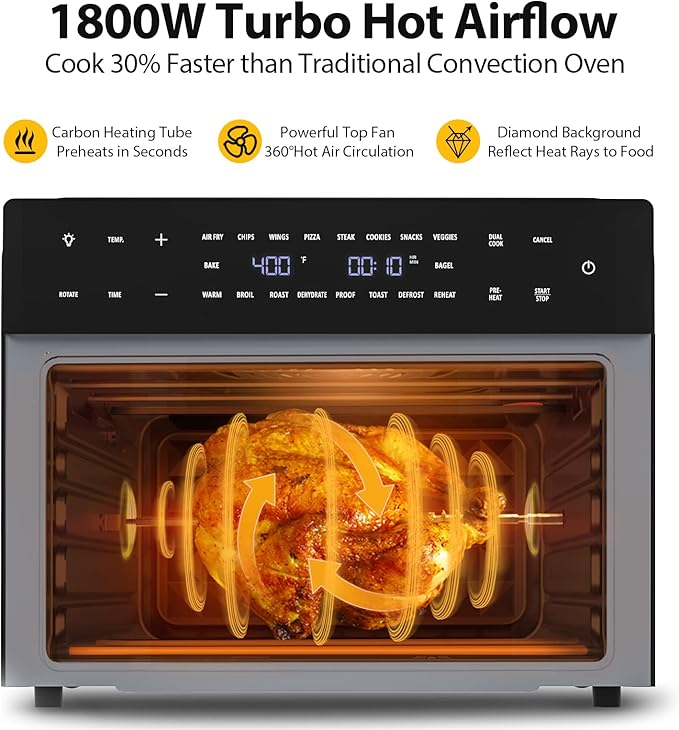 32QT Extra Large Air Fryer, 19-In-1 Air Fryer Toaster Oven Combo with Rotisserie and Dehydrator, Digital Convection Oven Countertop Airfryer Fit 13" Pizza, 6 Accessories, 1800w (Black)-Ruum Studio Home