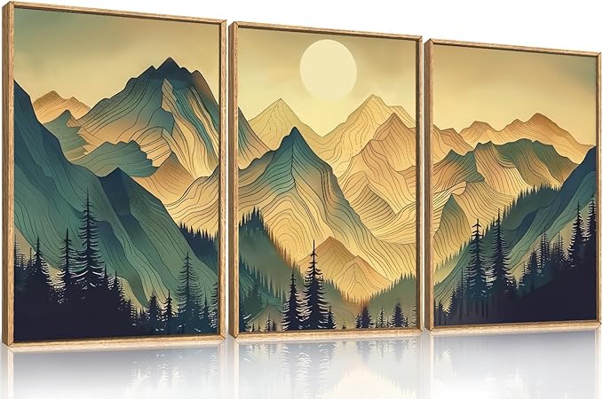 Celestdeco Mountains Forests Framed Canvas Wall Art Set, Abstract Sun Woodland Painting, Boho Scenery Sun Wall Decor, Natural Woodgrain Art Print for Living Room, Bedroom, Dining Room, Office - 16"x24"x3-Ruum Studio Home