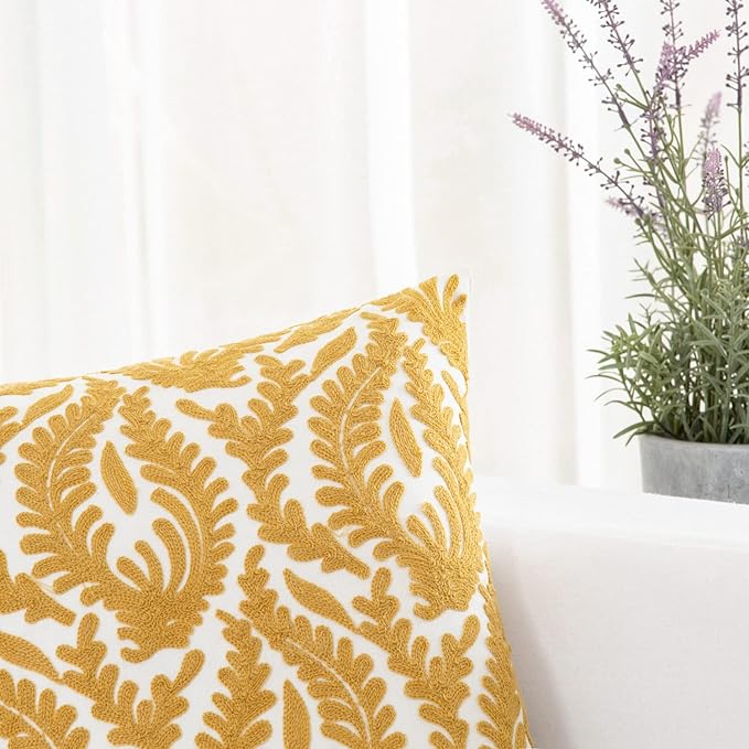 HWY 50 Mustard Yellow Decorative Throw Pillow Covers 18x18 Inch (1 Piece), Embroidered Cotton Farmhouse Cushion Cover Pillow Case for Sofa Couch Living Room Bed Bedroon, Floral Branches-Ruum Studio Home