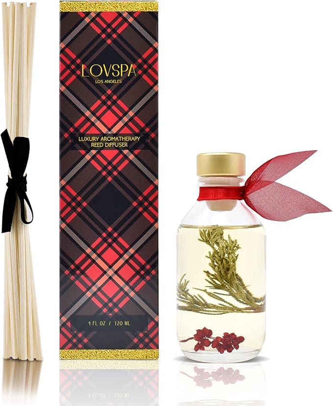 LOVSPA Reed Diffuser Set, Joy Winterberry Spruce Scented Oil Diffuser with Sticks, Home Fragrance Accessories for Bathroom Shelf Decor, Aroma Diffusers for Home or Office Desk, USA Made-Ruum Studio Home