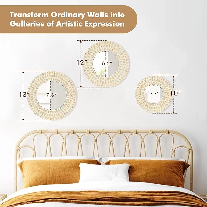Boho Mirror Wall Decor for Living Room, 3PCS Natural Mother of Pearl Decorative Mirror for Farmhouse Rustic Home, Hanging Sculptures for Women Bedroom Hallway Porch Decoration (Light Brown)-Ruum Studio Home