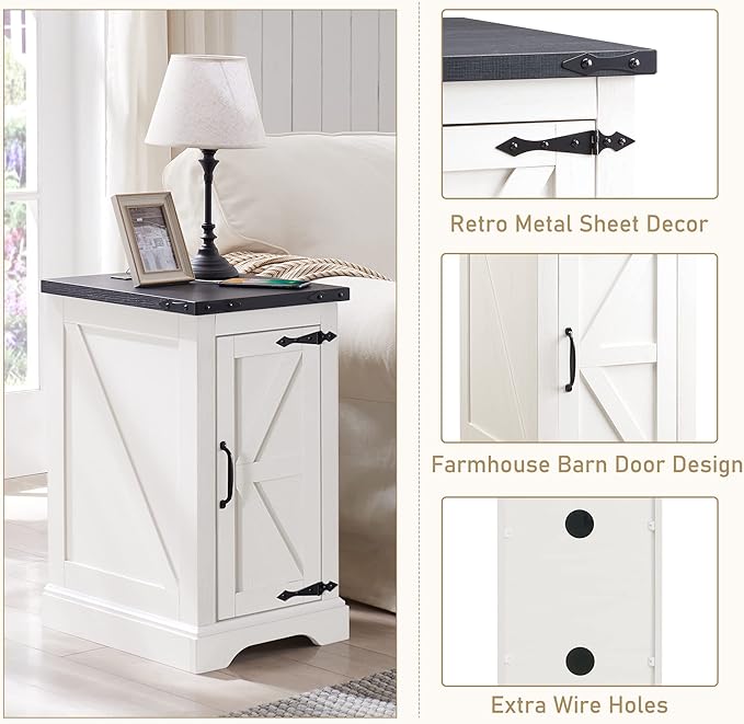 JXQTLINGMU Nightstand with Charging Station, Rectangular Farmhouse End Table with Barn Door and Adjustable Storage Shelf, 17" Deep Wood Rustic Sofa Side Table for Living Room, Bedroom, White-Ruum Studio Home