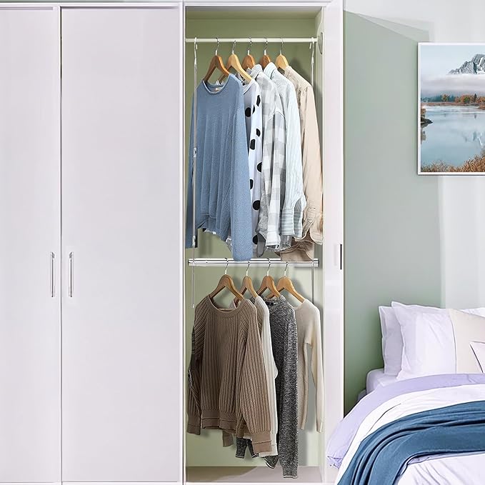 STORAGE MANIAC Hanging Closet Rod, Adjustable Width and Height Closet Hanging Organizer, Space-Saving Clothes Hanging Bar, Closet Extender Hanging Rod Double Closet Hanging Rod, 1 Pack Chrome-Ruum Studio Home